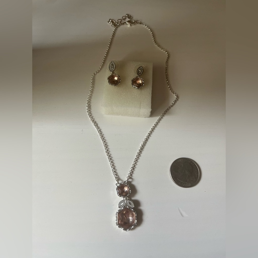 Silver Necklace & Matching Earrings with Pink Stone 🩷